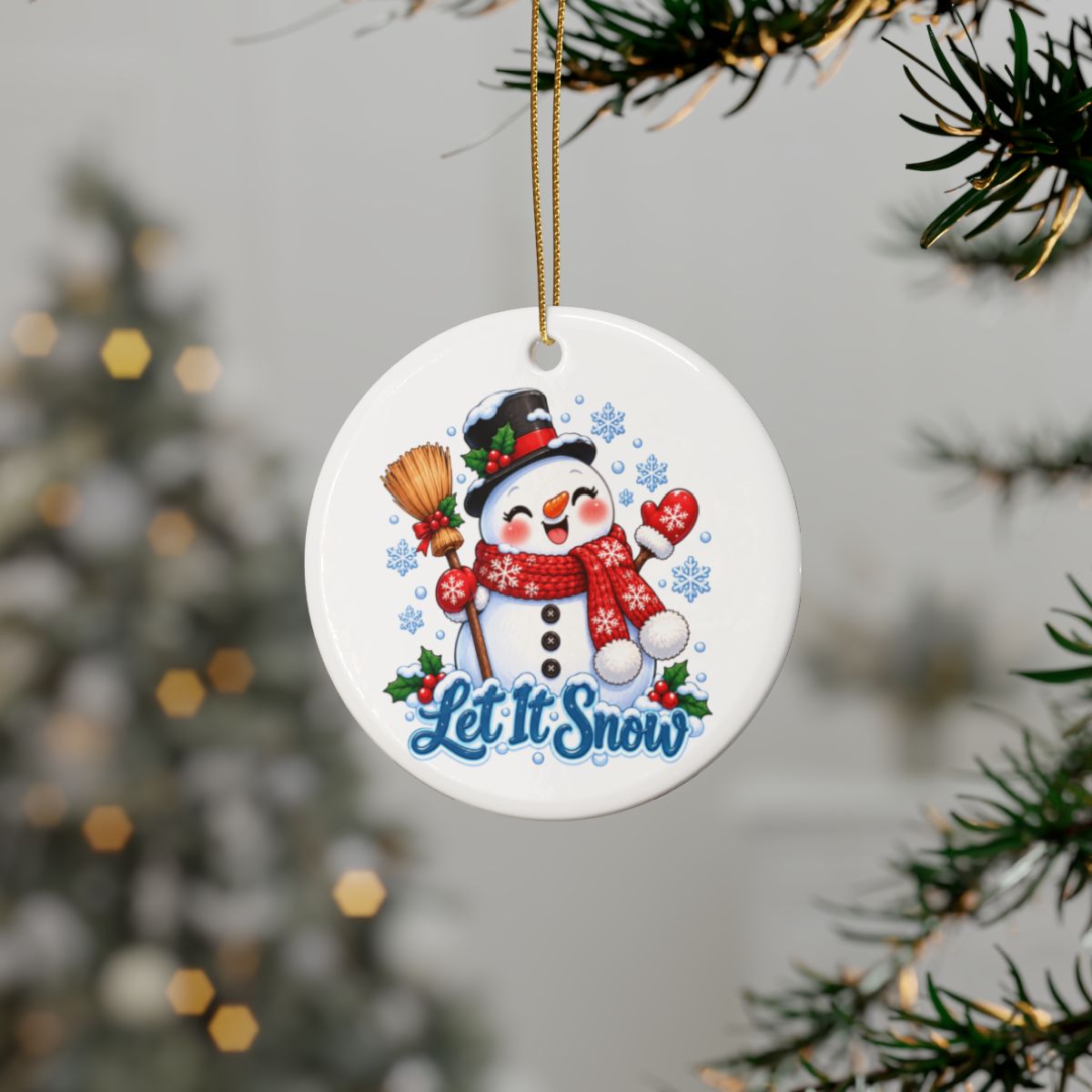 Let It Snow Snowman Ceramic Ornament | Round Christmas Ornament