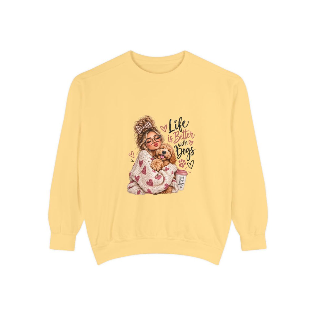 Life Is Better With Dogs sweatshirt | Woman Hugging Dog Graphic, Cozy Puppy Design