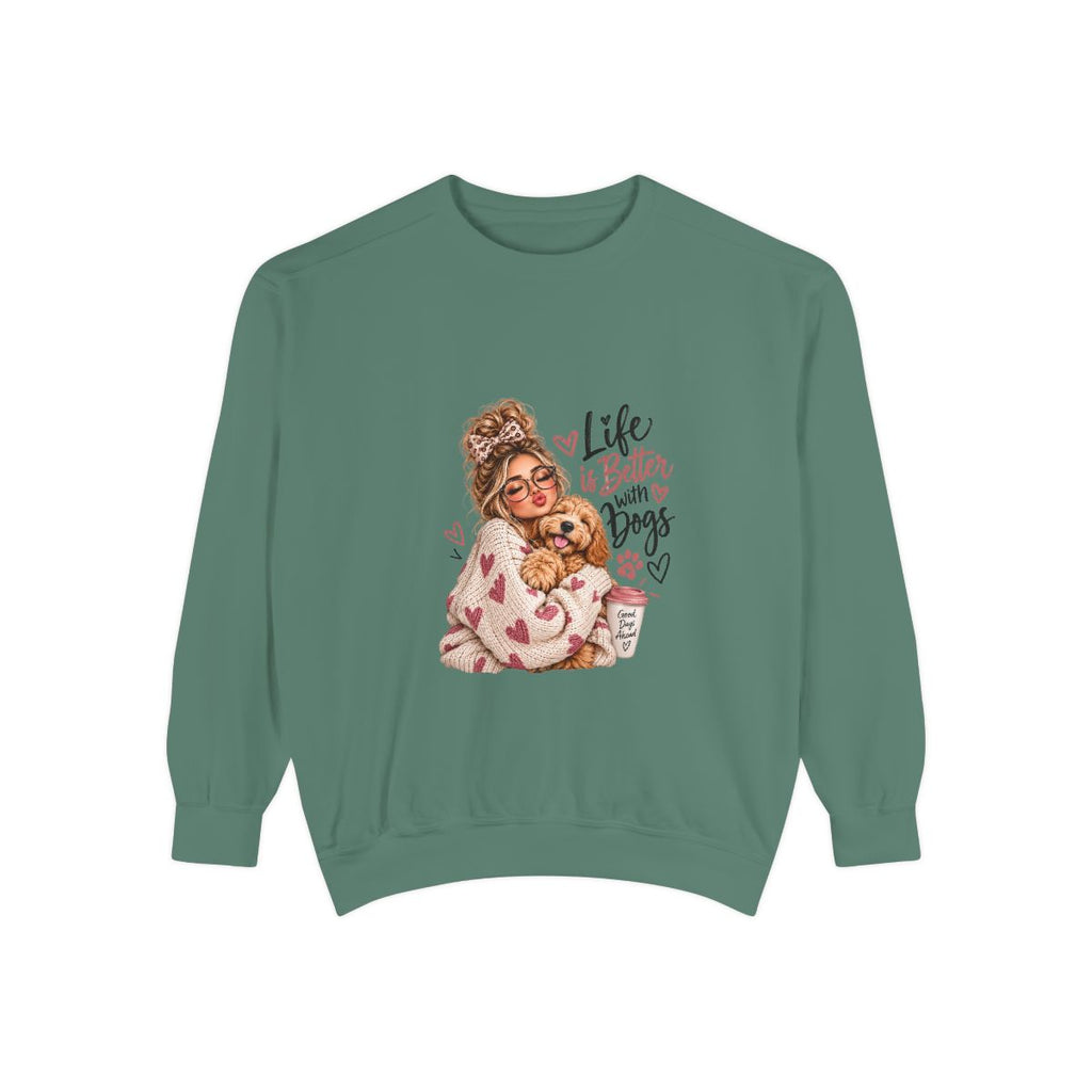 Life Is Better With Dogs sweatshirt | Woman Hugging Dog Graphic, Cozy Puppy Design