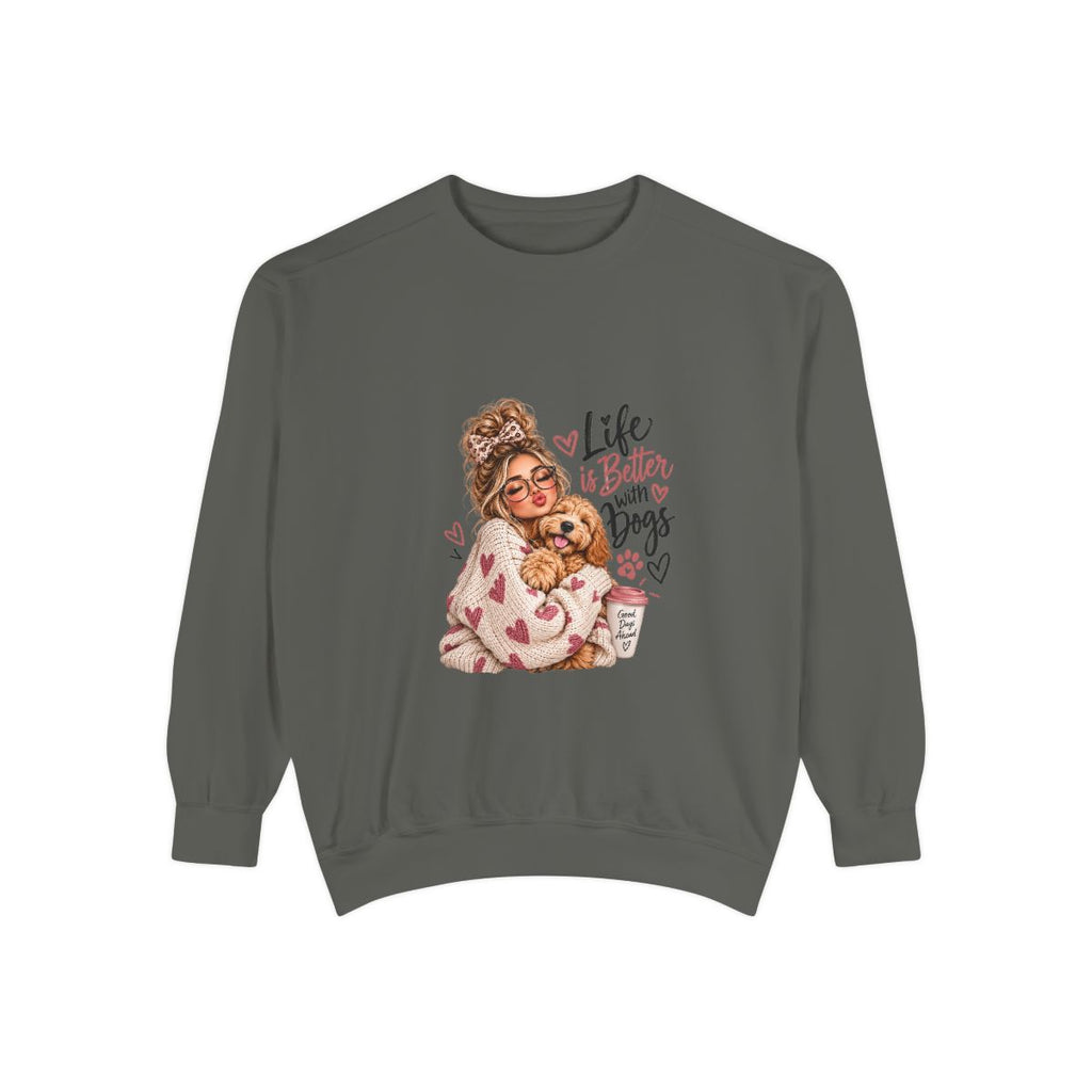 Life Is Better With Dogs sweatshirt | Woman Hugging Dog Graphic, Cozy Puppy Design