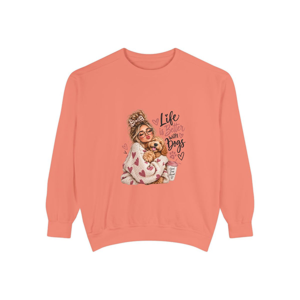 Life Is Better With Dogs sweatshirt | Woman Hugging Dog Graphic, Cozy Puppy Design