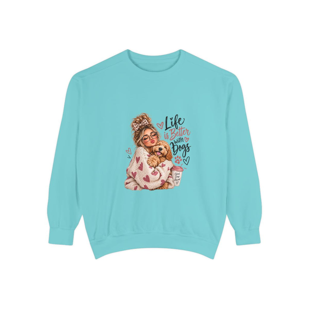 Life Is Better With Dogs sweatshirt | Woman Hugging Dog Graphic, Cozy Puppy Design