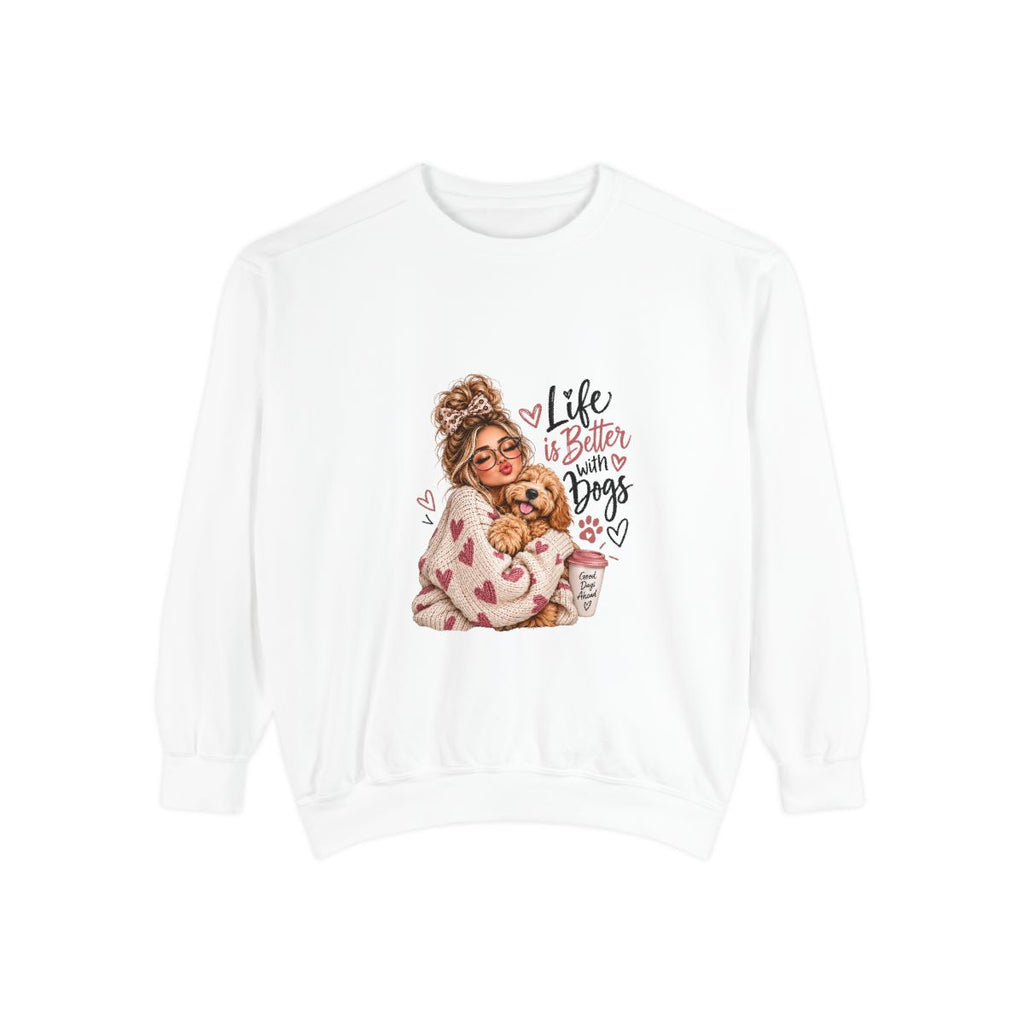 Life Is Better With Dogs sweatshirt | Woman Hugging Dog Graphic, Cozy Puppy Design