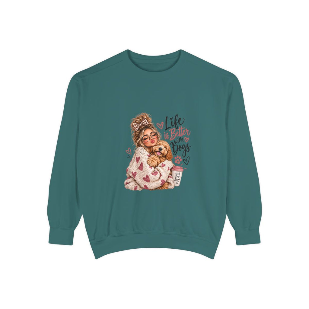 Life Is Better With Dogs sweatshirt | Woman Hugging Dog Graphic, Cozy Puppy Design