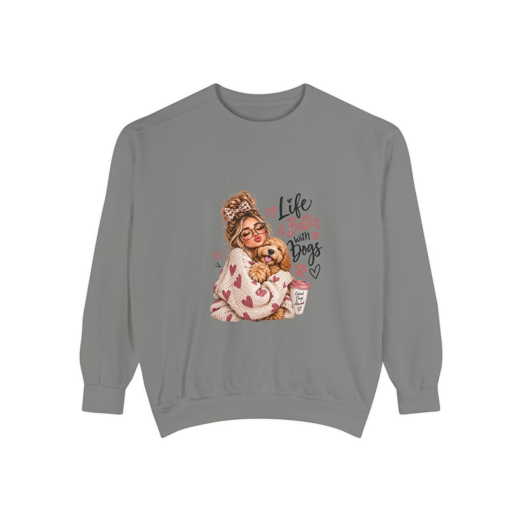 Life Is Better With Dogs sweatshirt | Woman Hugging Dog Graphic, Cozy Puppy Design