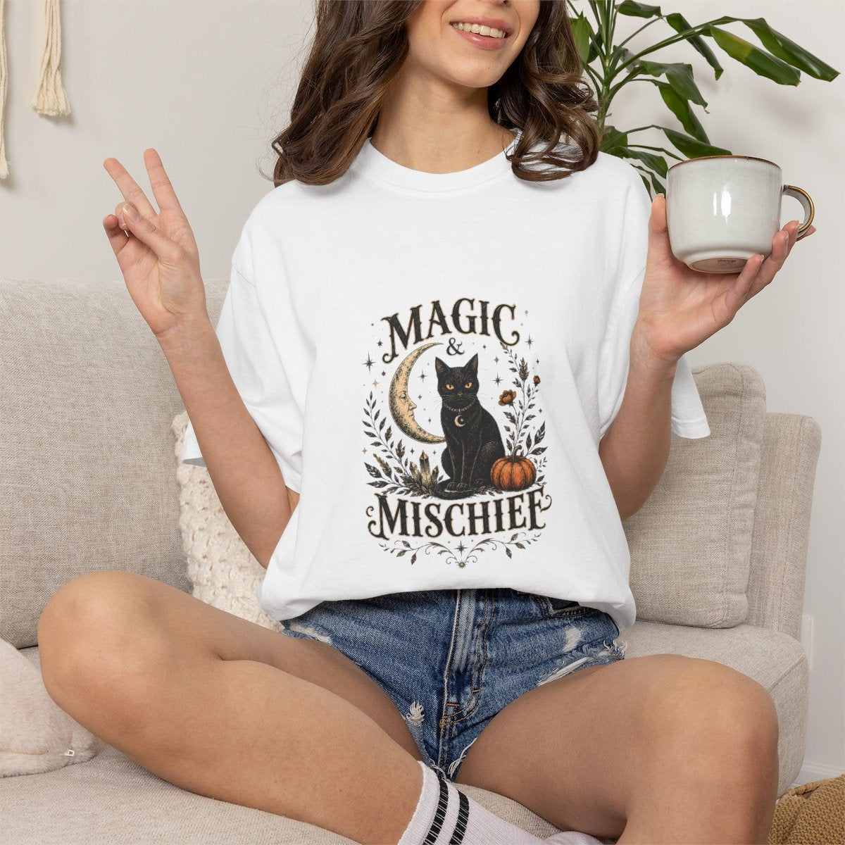 Magic & Mischief Black Cat Tee | Halloween Pumpkin Moon T-shirt