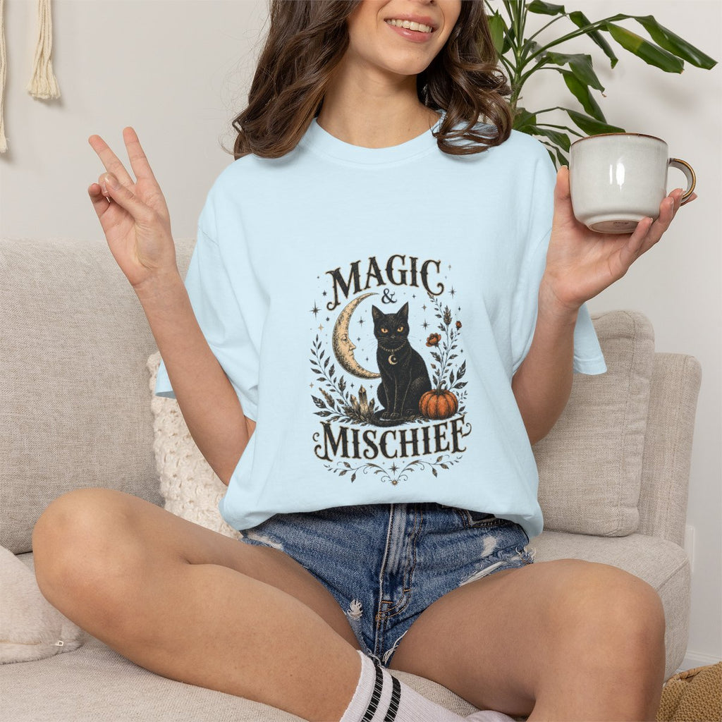 Magic & Mischief Black Cat Tee | Halloween Pumpkin Moon T-shirt