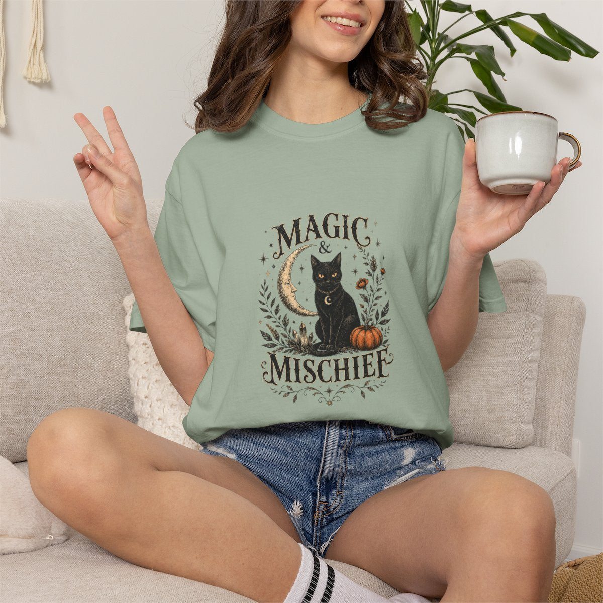 Magic & Mischief Black Cat Tee | Halloween Pumpkin Moon T-shirt