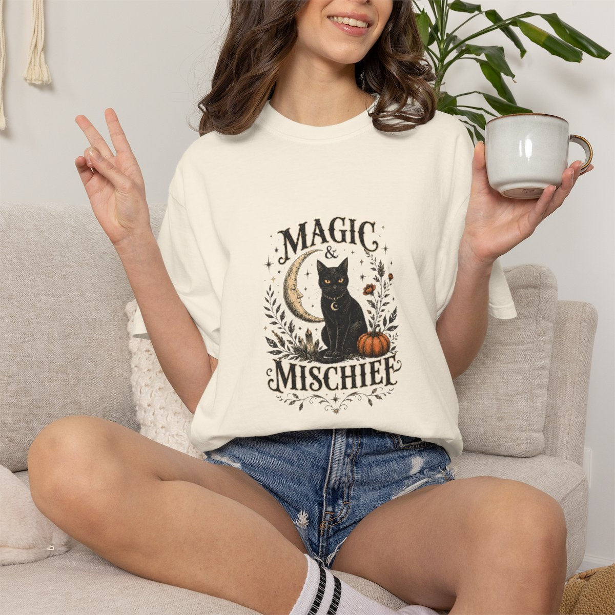 Magic & Mischief Black Cat Tee | Halloween Pumpkin Moon T-shirt
