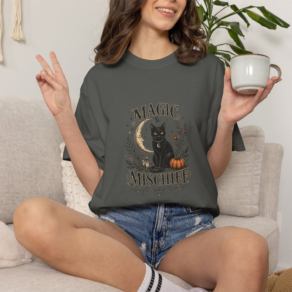 Magic & Mischief Black Cat Tee | Halloween Pumpkin Moon T-shirt