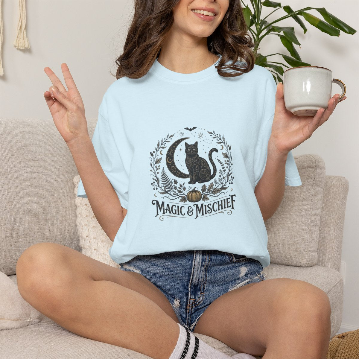 Magic & Mischief Cat T-shirt | Black Cat Illustration, Witchy Floral Design