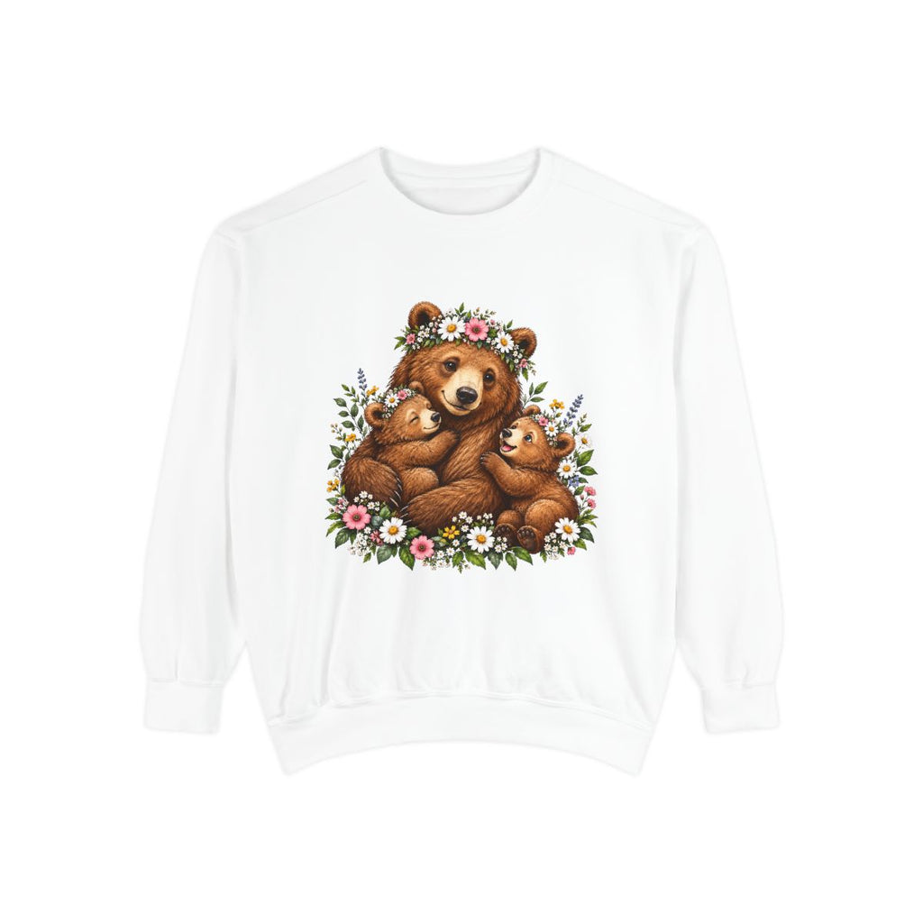 Mama Bear with Cubs Floral Illustration Sweatshirt | Cute Woodland Animal Design
