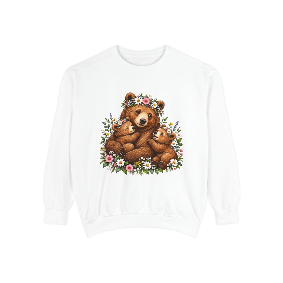 Mama Bear with Cubs Floral Illustration Sweatshirt | Cute Woodland Animal Design