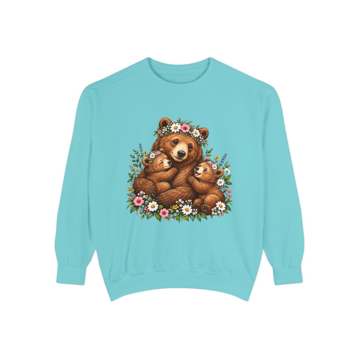 Mama Bear with Cubs Floral Illustration Sweatshirt | Cute Woodland Animal Design