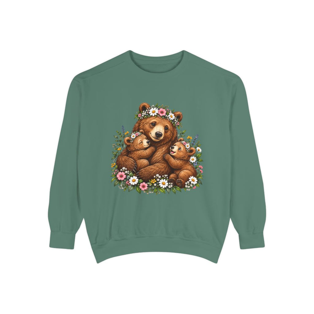 Mama Bear with Cubs Floral Illustration Sweatshirt | Cute Woodland Animal Design
