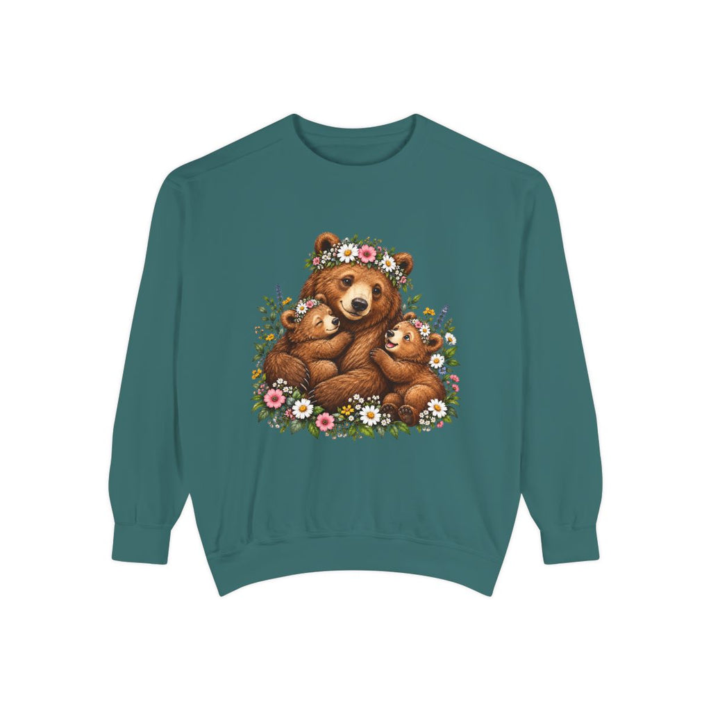 Mama Bear with Cubs Floral Illustration Sweatshirt | Cute Woodland Animal Design