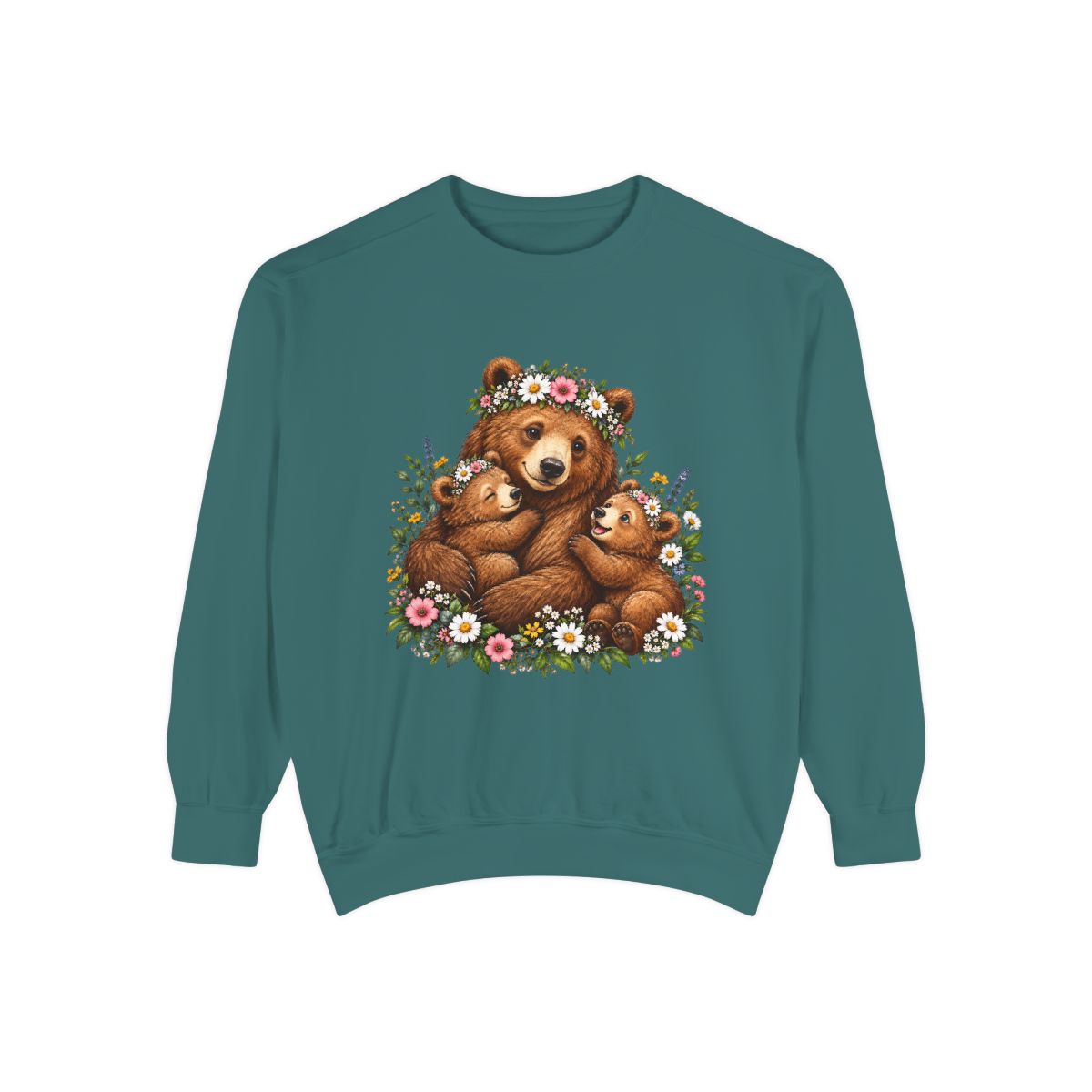 Mama Bear with Cubs Floral Illustration Sweatshirt | Cute Woodland Animal Design