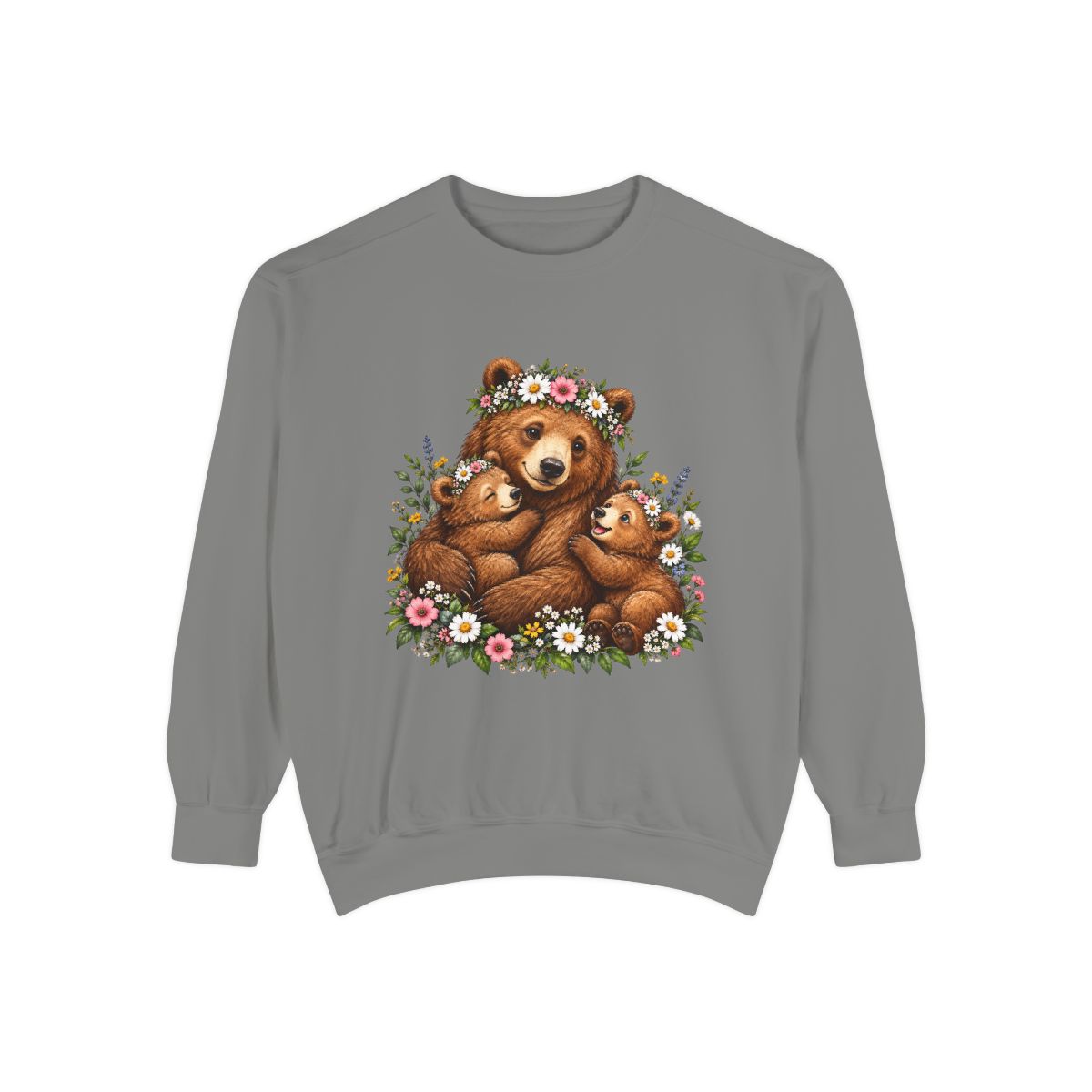 Mama Bear with Cubs Floral Illustration Sweatshirt | Cute Woodland Animal Design