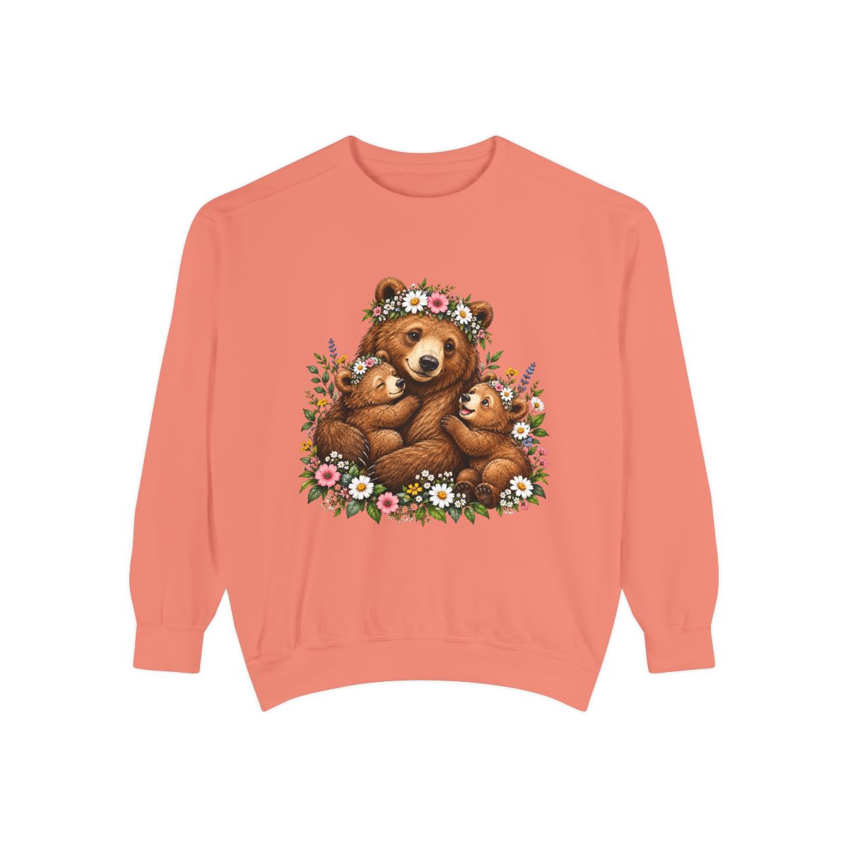 Mama Bear with Cubs Floral Illustration Sweatshirt | Cute Woodland Animal Design
