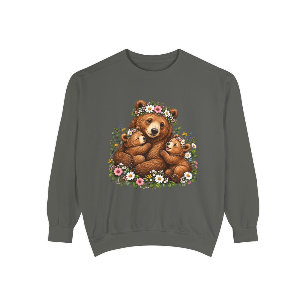 Mama Bear with Cubs Floral Illustration Sweatshirt | Cute Woodland Animal Design