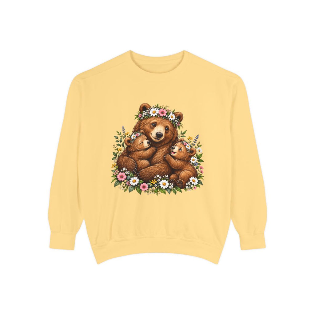 Mama Bear with Cubs Floral Illustration Sweatshirt | Cute Woodland Animal Design