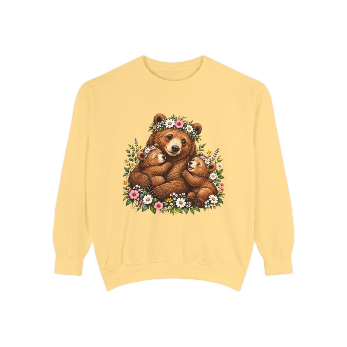 Mama Bear with Cubs Floral Illustration Sweatshirt | Cute Woodland Animal Design