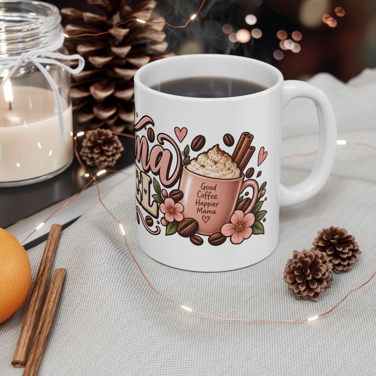Mama Fuel Mug | Floral Coffee Design, Pink Hearts
