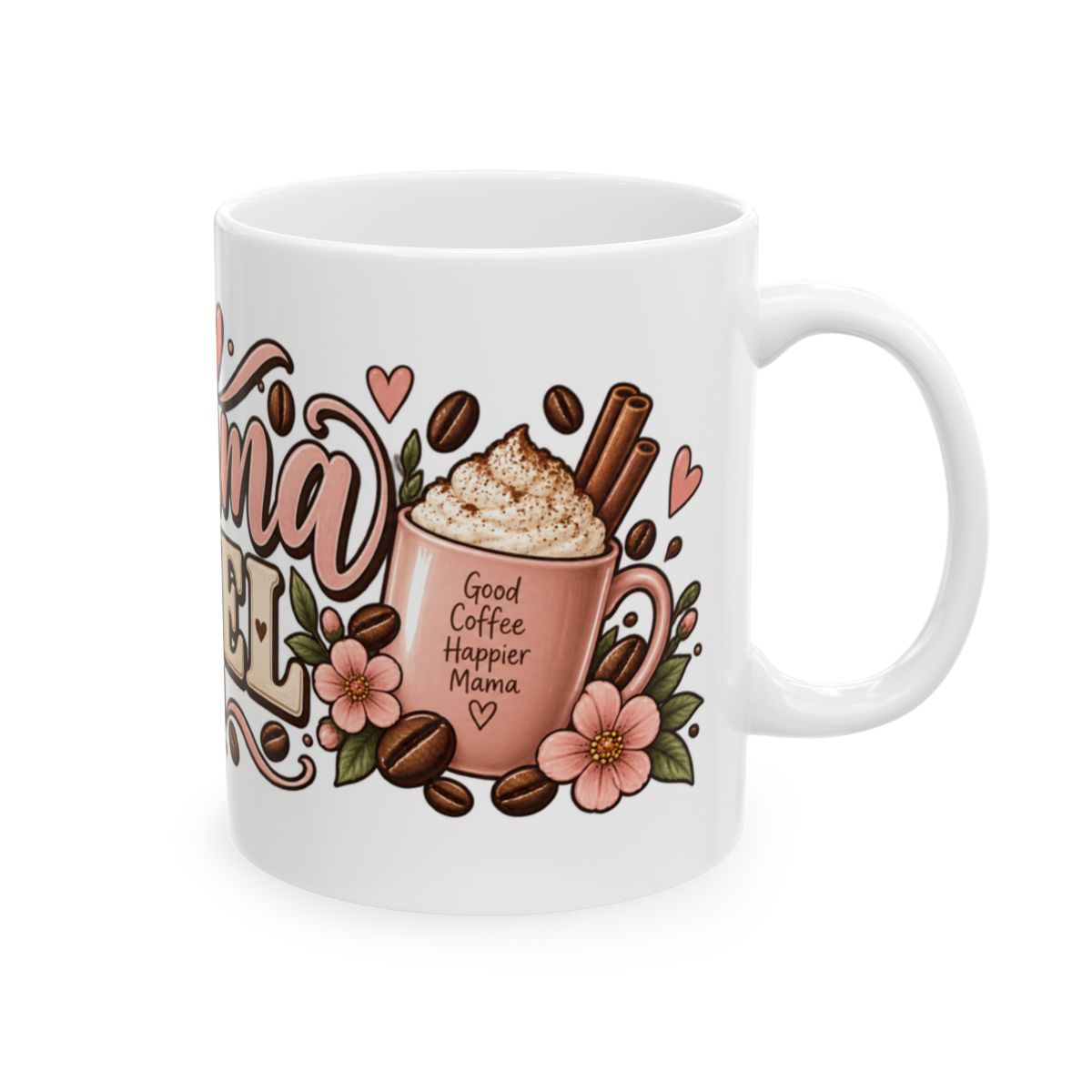 Mama Fuel Mug | Floral Coffee Design, Pink Hearts