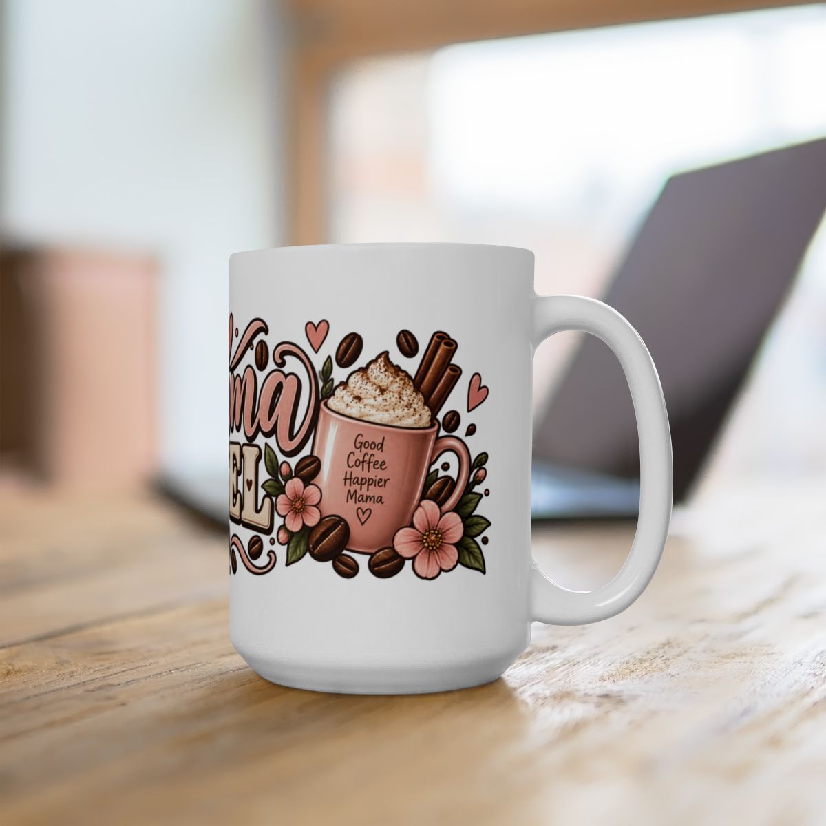 Mama Fuel Mug | Floral Coffee Design, Pink Hearts