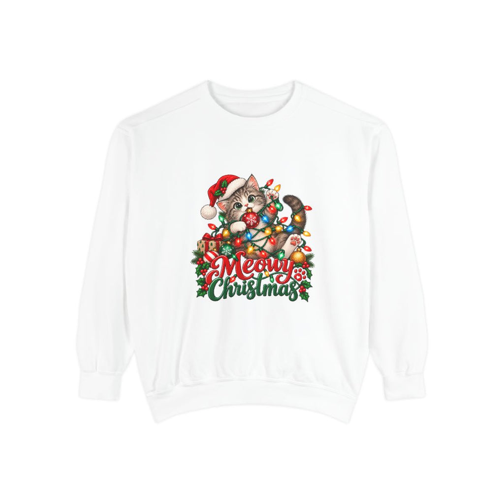 Meowy Christmas Cat Sweatshirt | Cute Kitty in Santa Hat, Holiday Lights