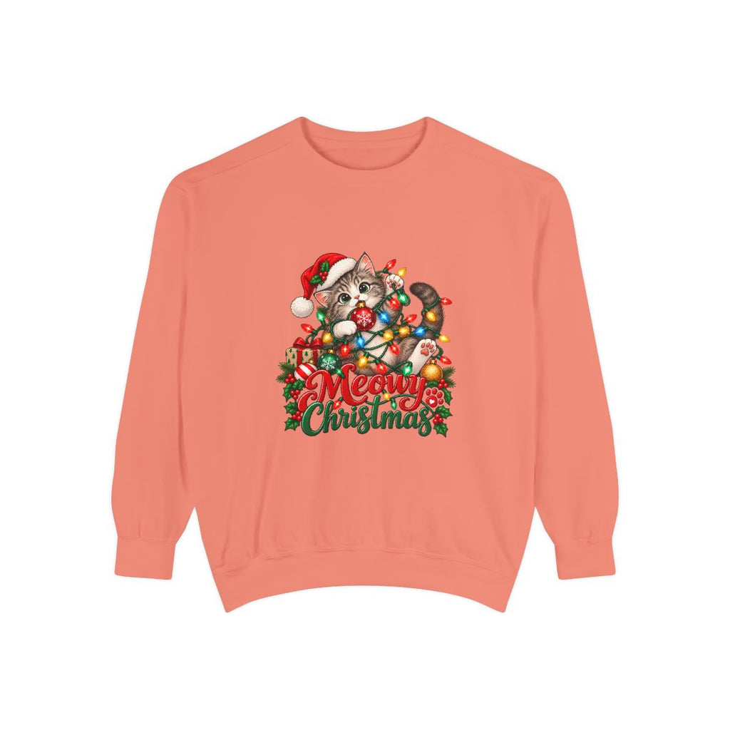 Meowy Christmas Cat Sweatshirt | Cute Kitty in Santa Hat, Holiday Lights