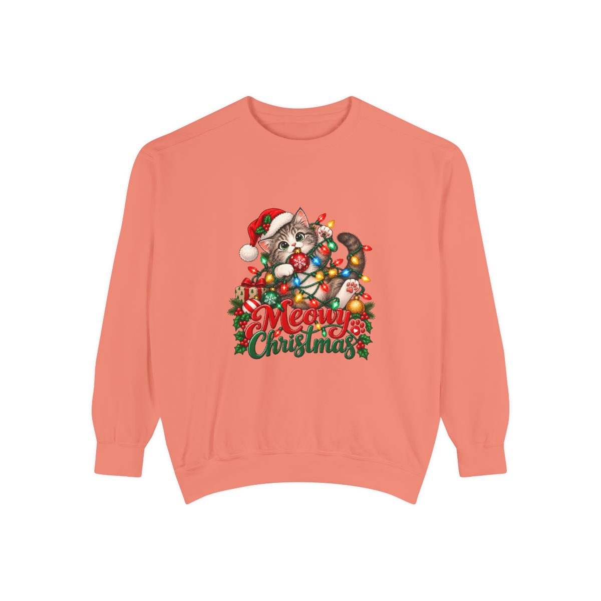 Meowy Christmas Cat Sweatshirt | Cute Kitty in Santa Hat, Holiday Lights