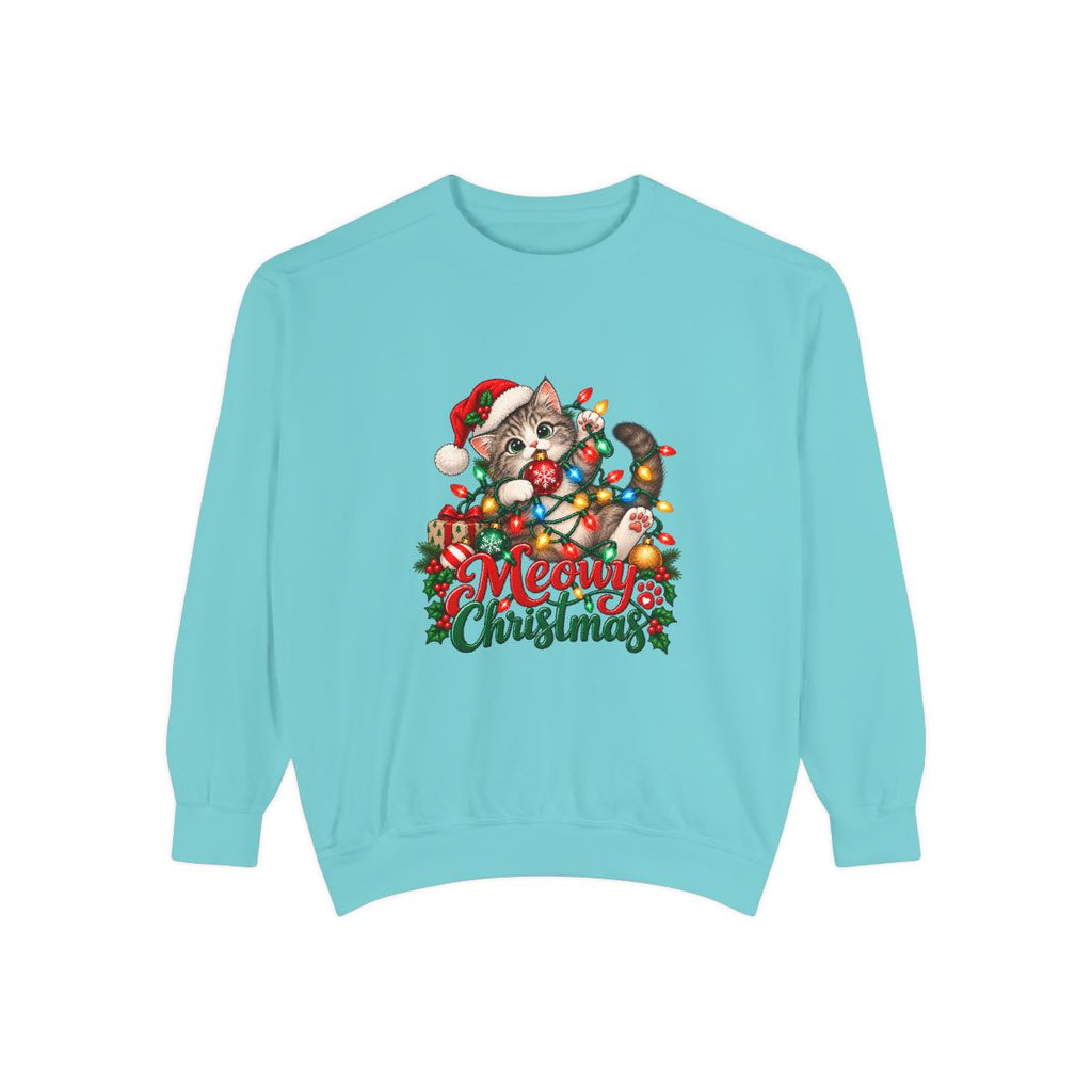 Meowy Christmas Cat Sweatshirt | Cute Kitty in Santa Hat, Holiday Lights