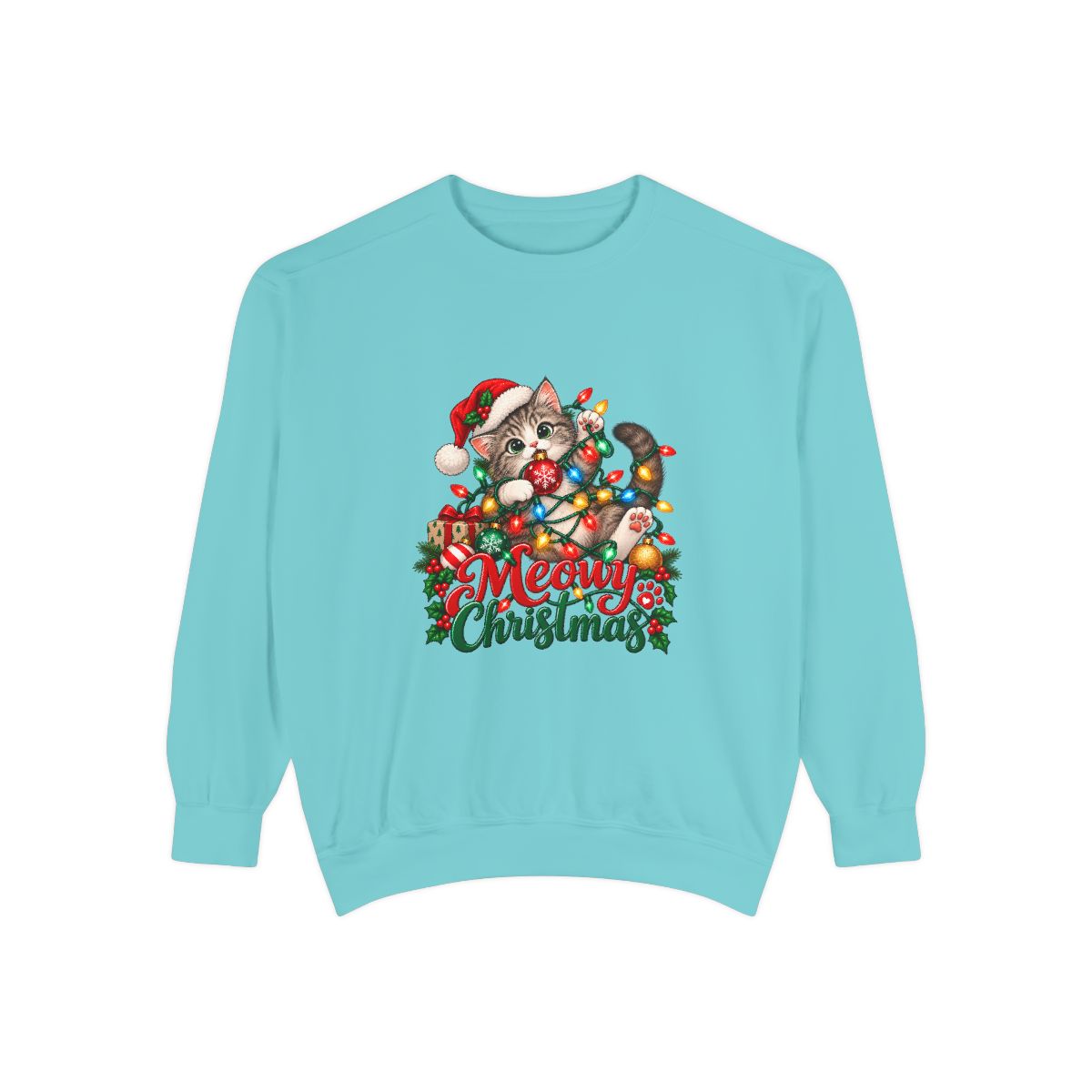 Meowy Christmas Cat Sweatshirt | Cute Kitty in Santa Hat, Holiday Lights