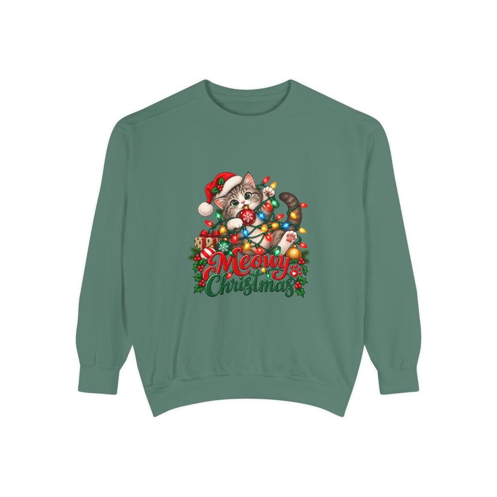 Meowy Christmas Cat Sweatshirt | Cute Kitty in Santa Hat, Holiday Lights
