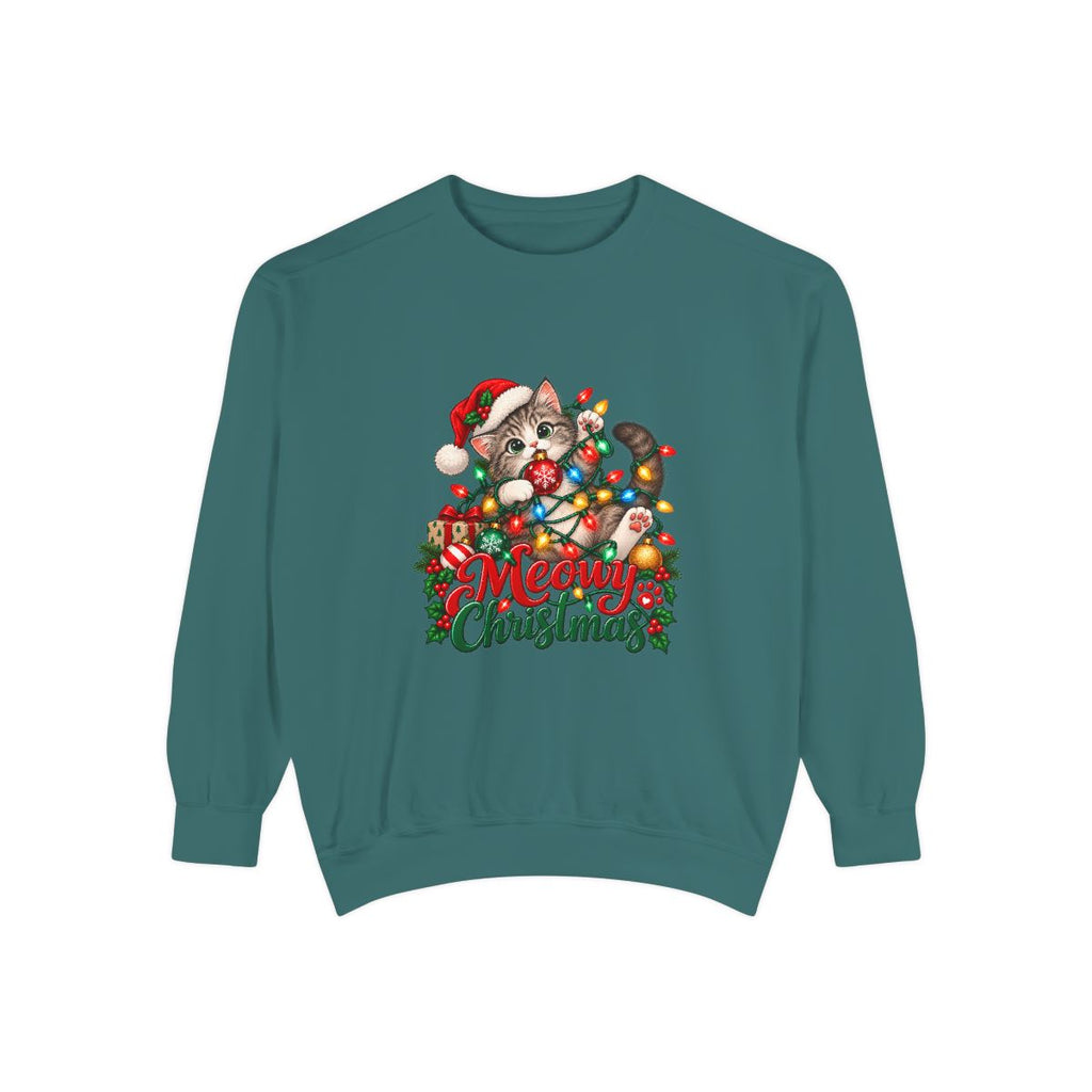 Meowy Christmas Cat Sweatshirt | Cute Kitty in Santa Hat, Holiday Lights