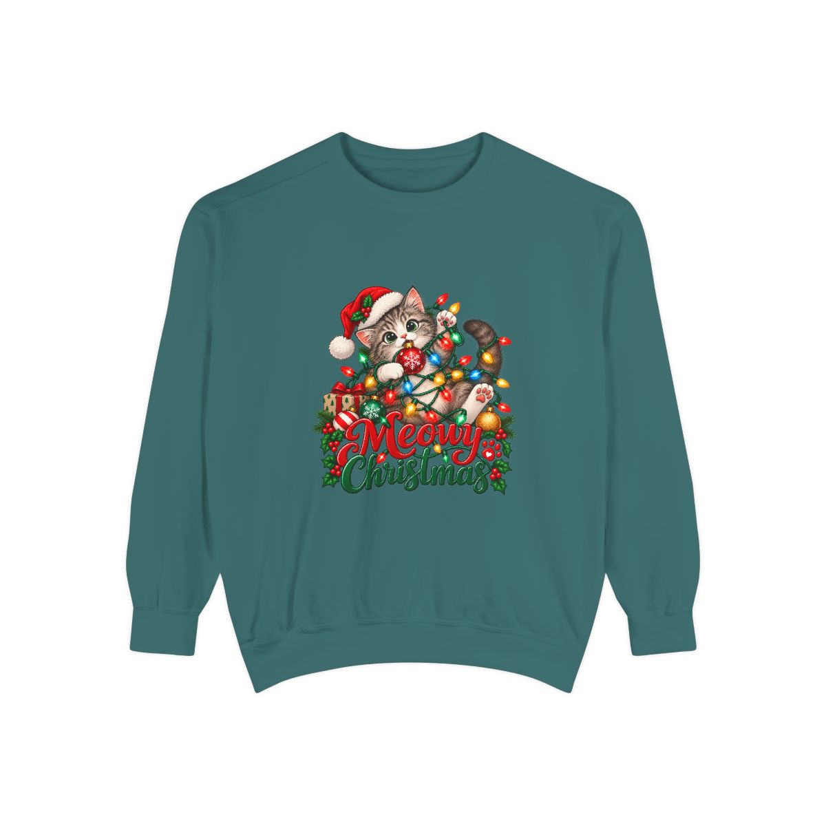 Meowy Christmas Cat Sweatshirt | Cute Kitty in Santa Hat, Holiday Lights