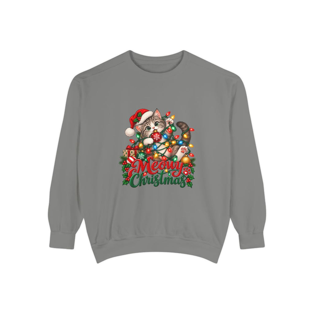 Meowy Christmas Cat Sweatshirt | Cute Kitty in Santa Hat, Holiday Lights