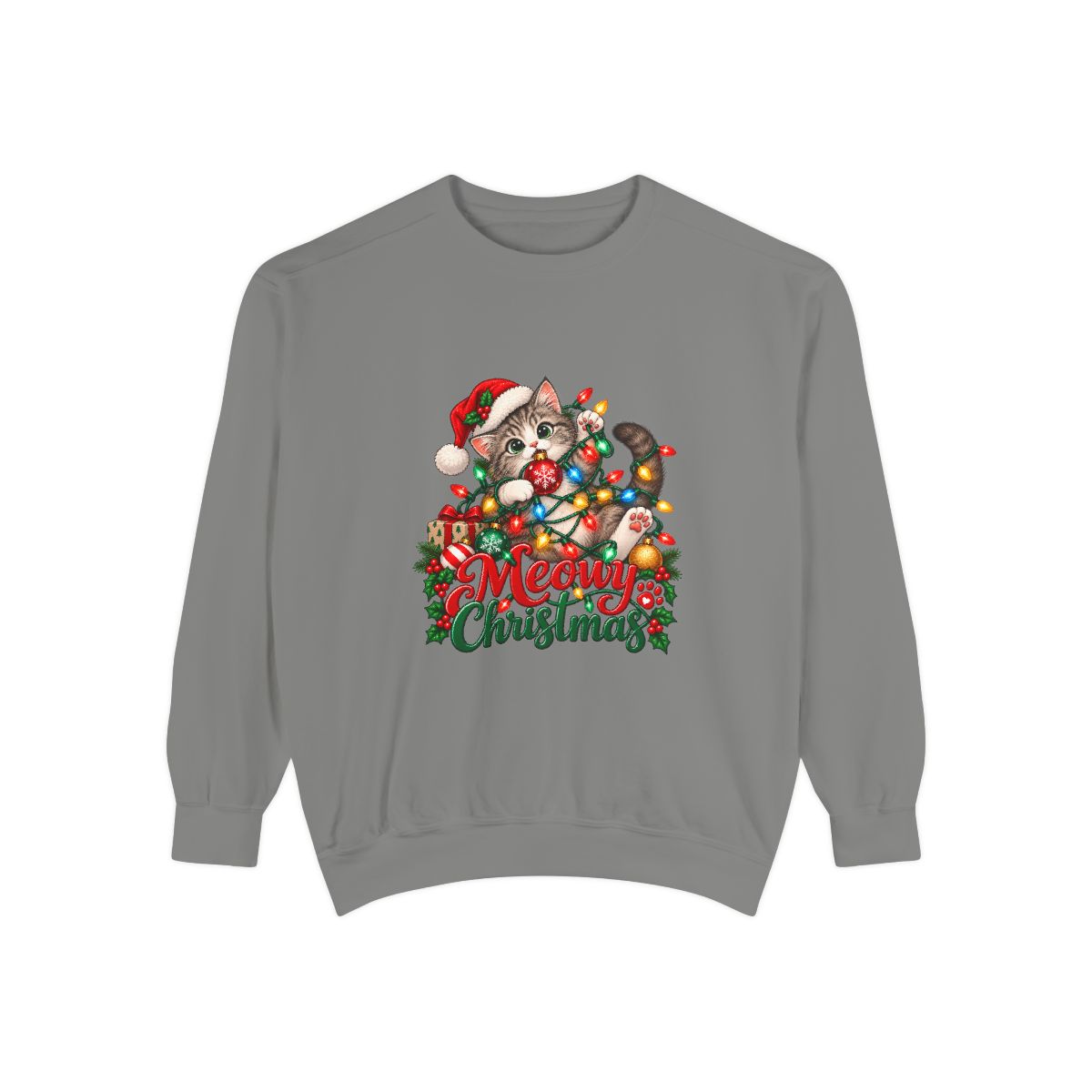 Meowy Christmas Cat Sweatshirt | Cute Kitty in Santa Hat, Holiday Lights
