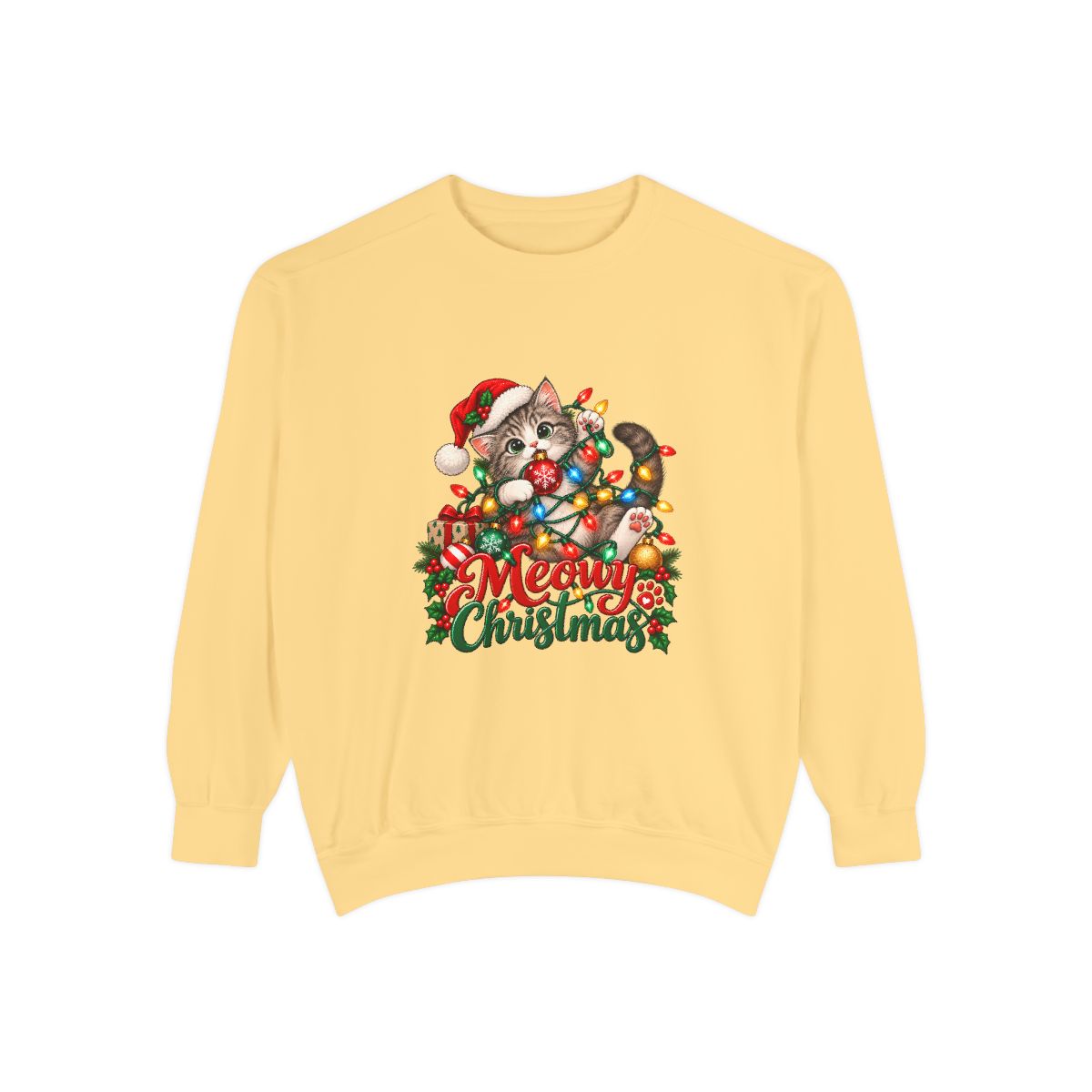 Meowy Christmas Cat Sweatshirt | Cute Kitty in Santa Hat, Holiday Lights