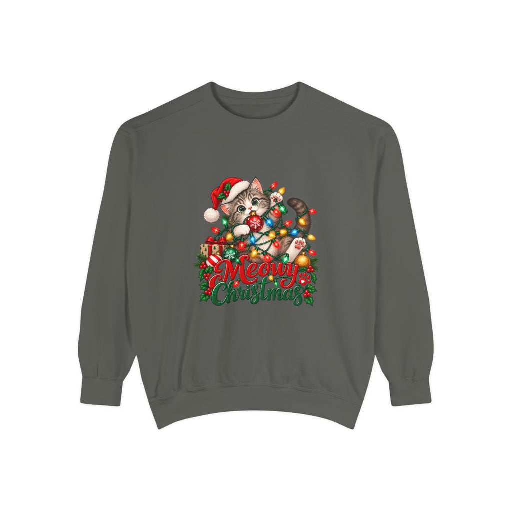 Meowy Christmas Cat Sweatshirt | Cute Kitty in Santa Hat, Holiday Lights