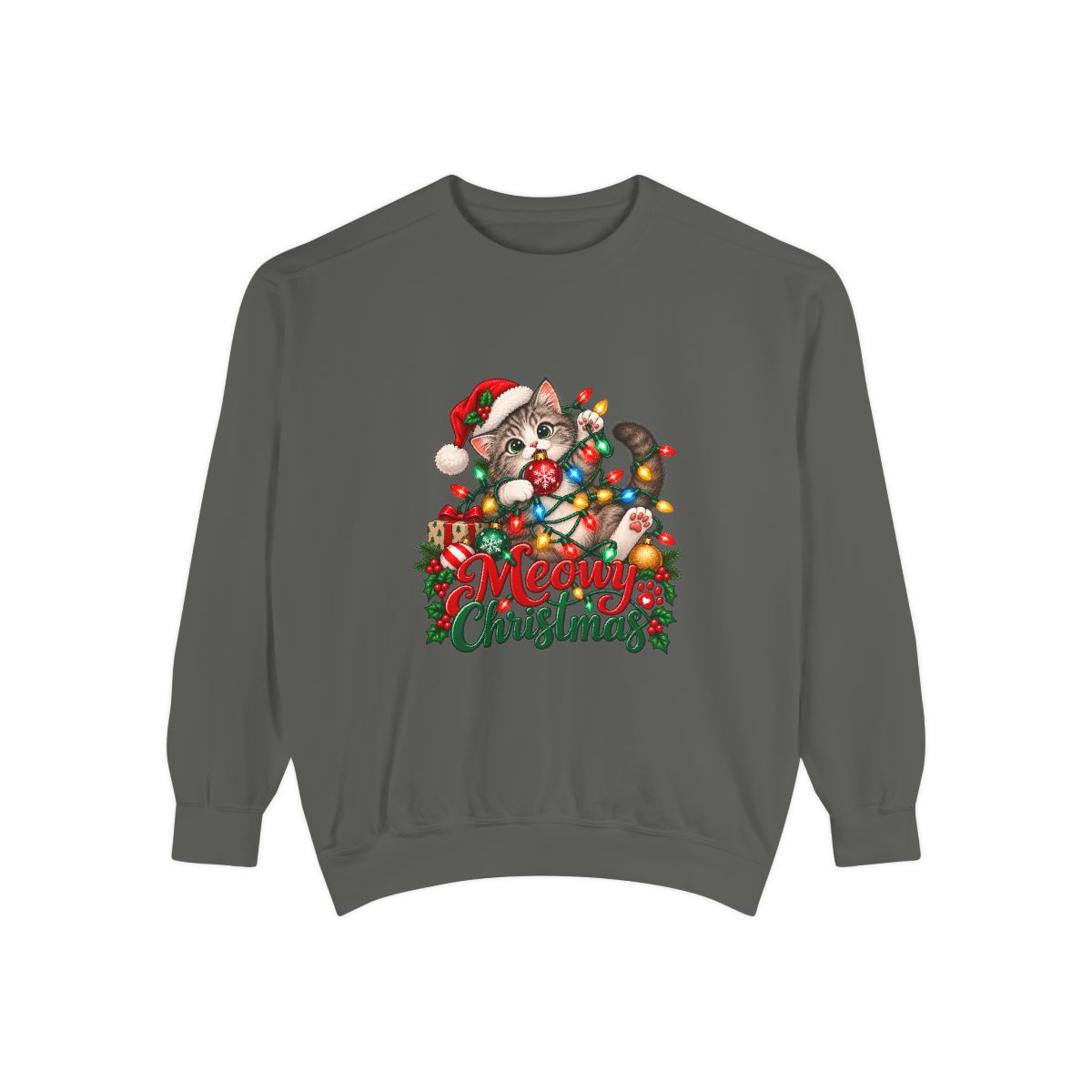 Meowy Christmas Cat Sweatshirt | Cute Kitty in Santa Hat, Holiday Lights