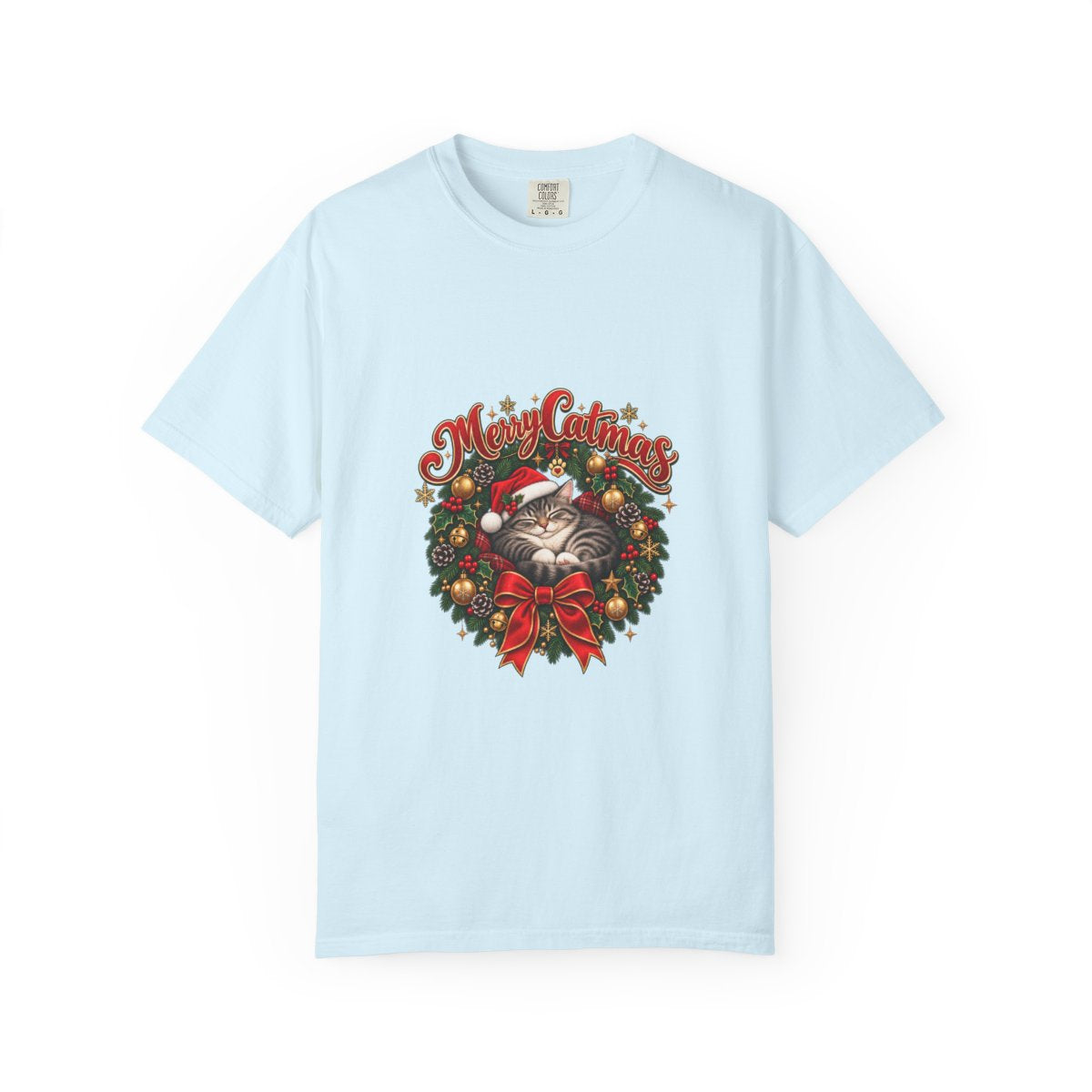 Meowy Christmas wreath cat T-shirt | Holiday cat tee