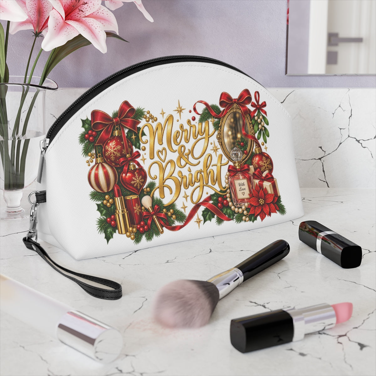 Merry & Bright Holiday Makeup Bag | Christmas Cosmetic Pouch