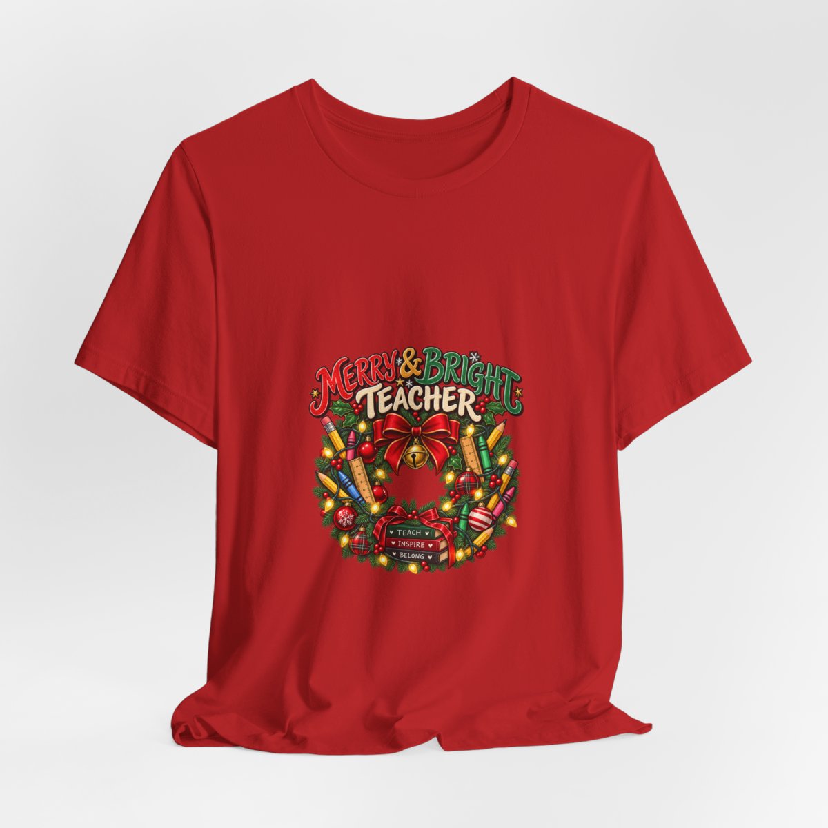 Merry & Bright Teacher wreath T-Shirt | Christmas teacher tee