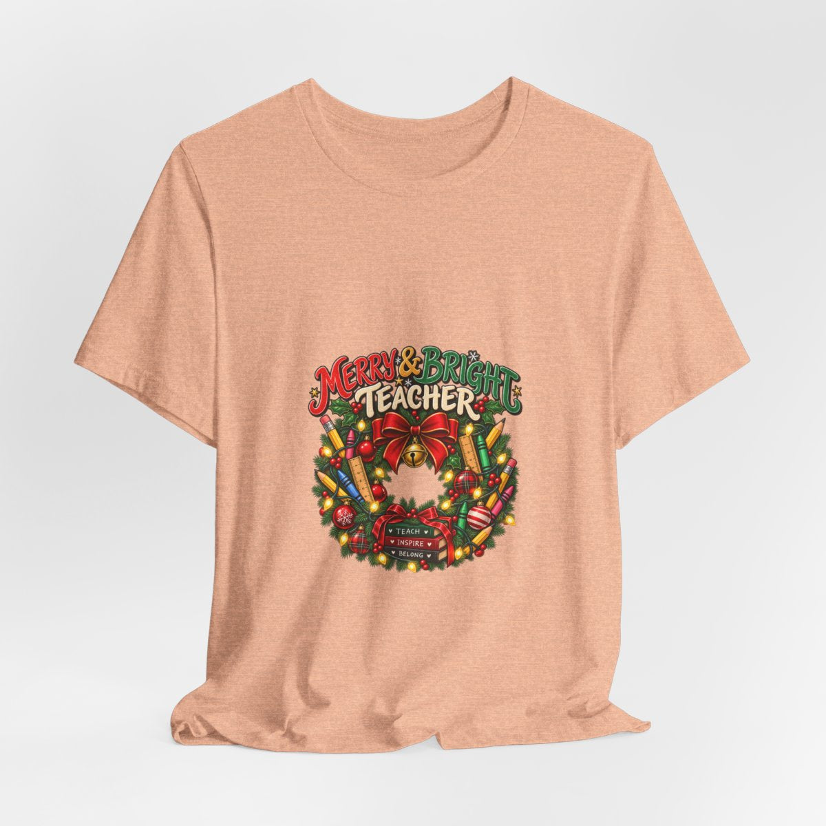 Merry & Bright Teacher wreath T-Shirt | Christmas teacher tee