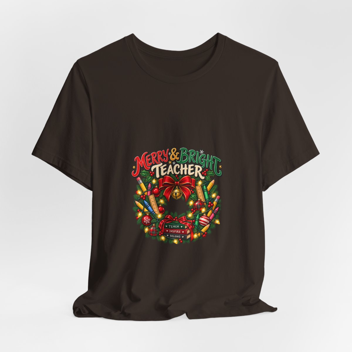 Merry & Bright Teacher wreath T-Shirt | Christmas teacher tee