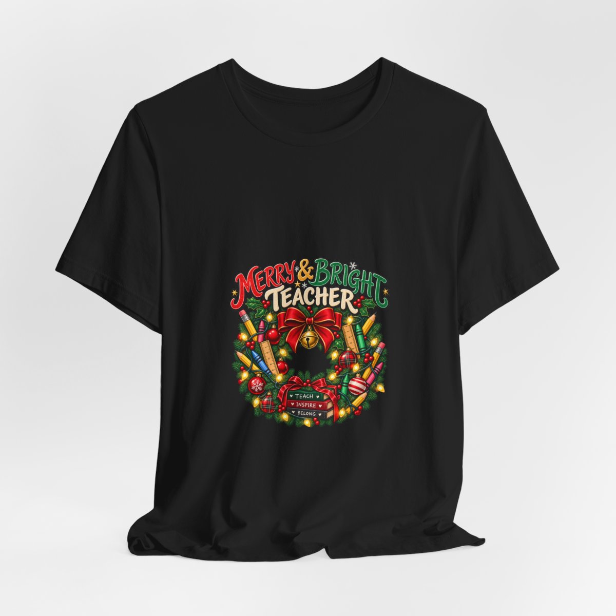 Merry & Bright Teacher wreath T-Shirt | Christmas teacher tee