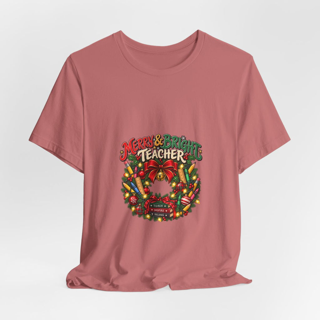 Merry & Bright Teacher wreath T-Shirt | Christmas teacher tee