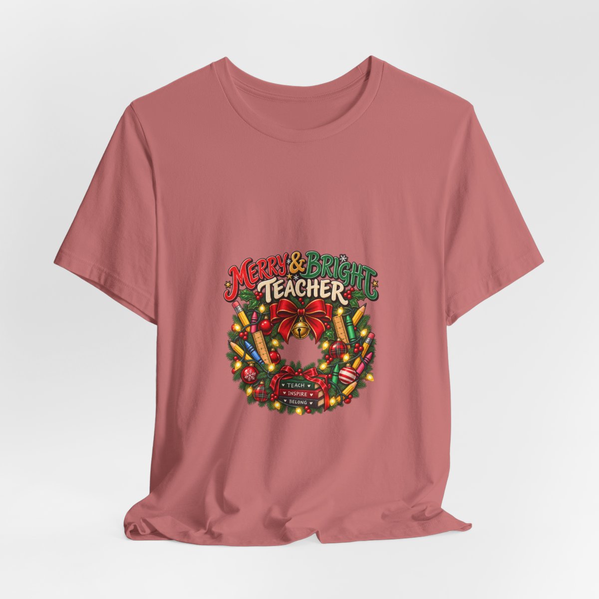 Merry & Bright Teacher wreath T-Shirt | Christmas teacher tee